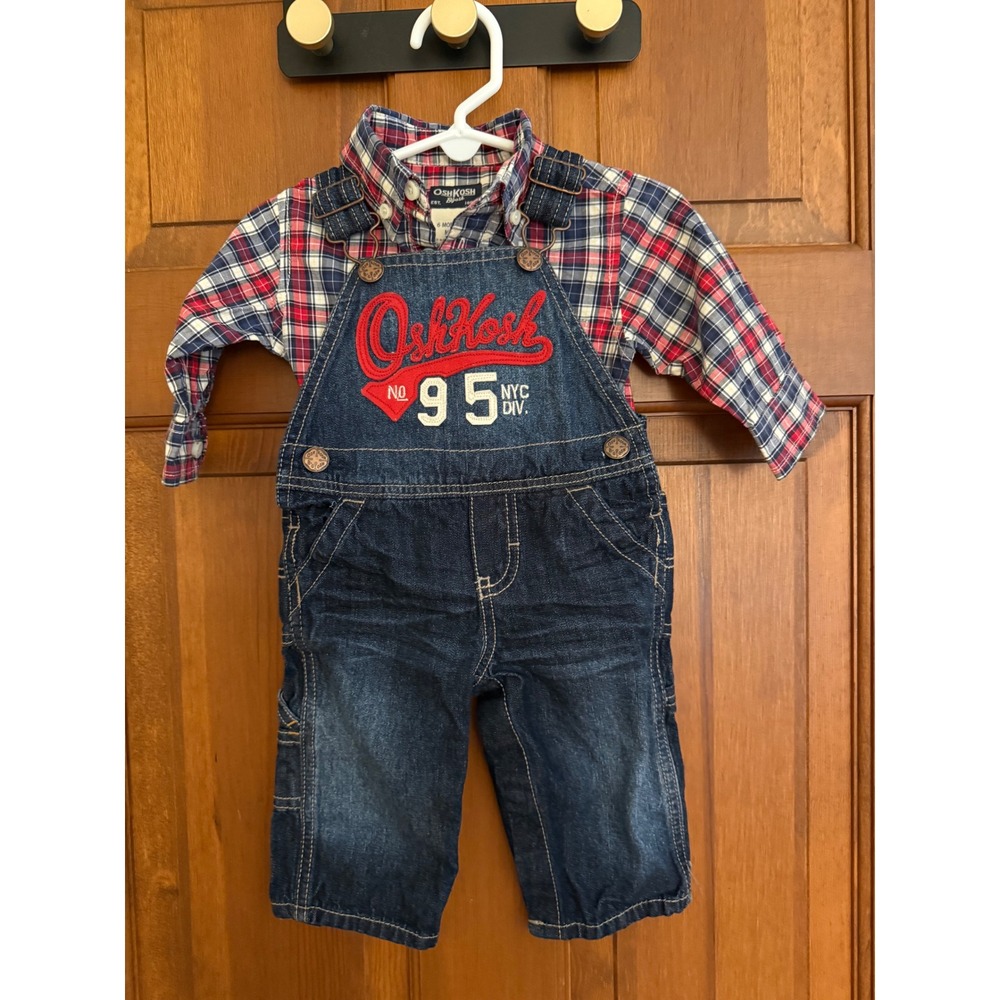 Oshkosh B'Gosh Two-Piece Denim Carpenter Overall Set Baby 6 months Plaid Shirt‎